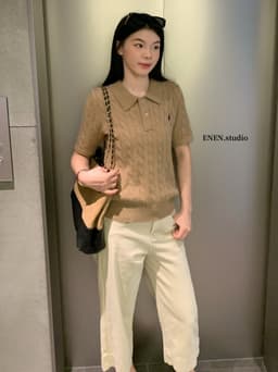 ENEN Áo Len Nữ Dệt Kim Tay Ngắn Cổ Polo Thêu Hình Ngựa Phong Cách Hàn Quốc 11639 9