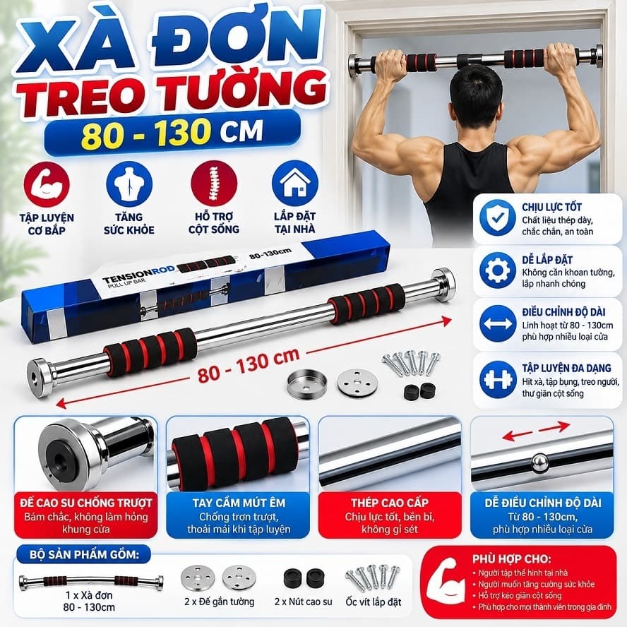 Xà Đơn Treo tường 80-130cm và Dụng Cụ Hít Đất Chống Đẩy PUSH UP BOARD Đa Năng 14in. LMS
