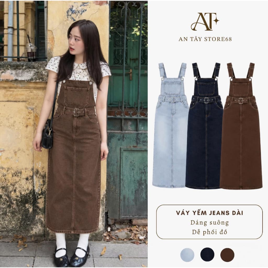 Yếm Jean Dáng Váy Dài Kèm Belt AN TÂY Vải Jean Mềm QC, Dễ Phối Đồ, Style Hàn Quốc Màu Nâu Choco, Xanh Nhạt, Xanh Than