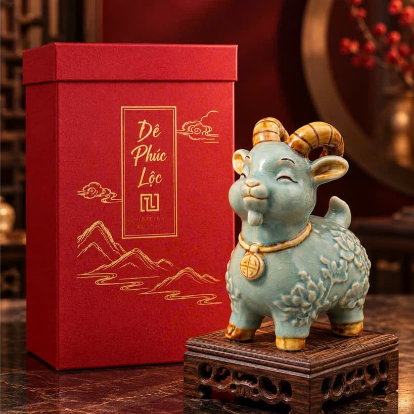 Tượng Dê Phong Thủy Men Rạn Màu Lam Chuẩn Bát Tràng, Tượng Khắc Họa Tiết Sắc Nét Trang Trí Tặng Quà