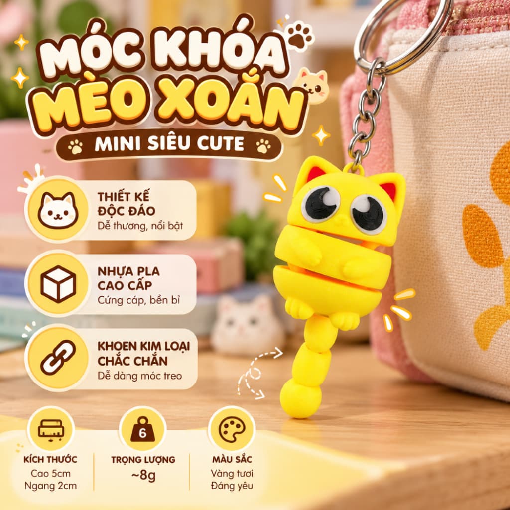 Móc Khóa Mèo Xoắn Mini In 3D Nhựa PLA, Mèo Vàng Mắt To Siêu Cute, Móc Treo Balo Túi Xách Chìa Khóa, Quà Tặng Dễ Thương