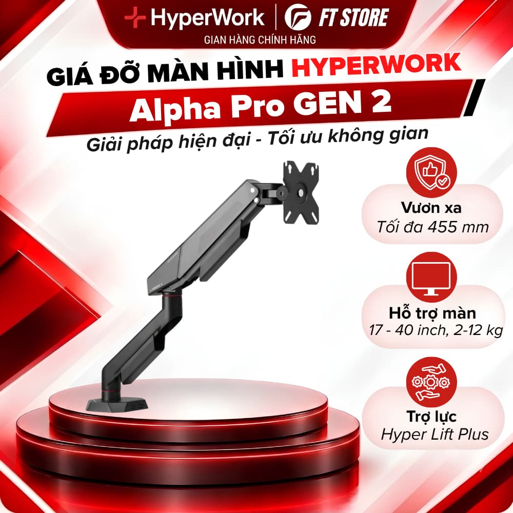 Giá Đỡ Màn Hình HyperWork Alpha Pro Gen 2 Tải Trọng 2-12kg, Hỗ Trợ Màn 17-40" , Lộ Trợ Lực Lò Xo
