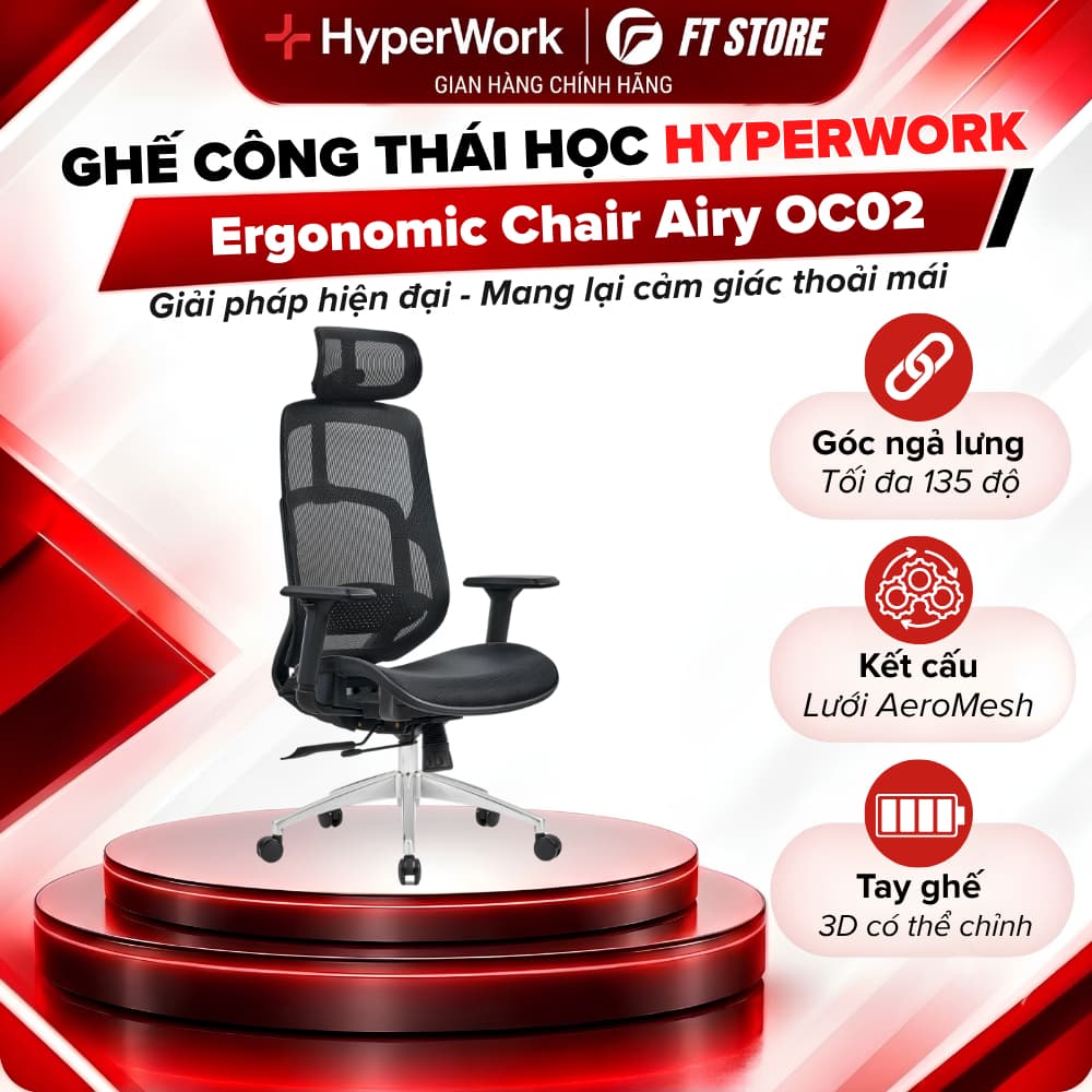 Ghế Công Thái Học Lưới HyperWork Airy OC02 - Ngồi Êm Thoáng Khí, Ngả 135 Độ, Trượt Mâm Ghế, Piston BIFMA