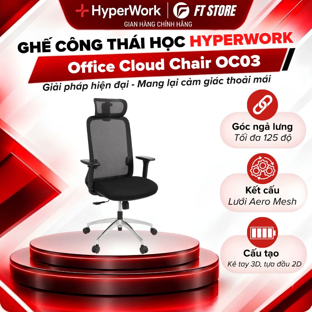 Ghế Công Thái Học HyperWork Cloud Chair OC03 - Đệm PU Foam 55kg/m3, Lưới AeroMesh Thoáng Khí, Ngả 125 Độ, Chân Nhôm Đúc