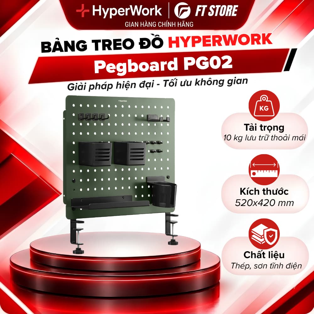 Bảng Treo Đồ HyperWork PG02 Lắp Bàn Làm Việc - Thép Tĩnh Điện 520x420mm - Kèm 14 Phụ Kiện Gọn Gàng
