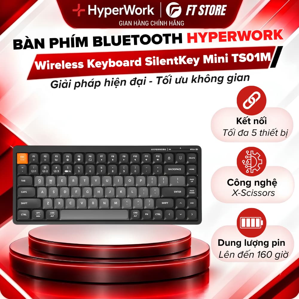 Bàn Phím Không Dây HyperWork SilentKey Mini TS01M - Chống Ồn X-Scissors, 3 Chế Độ Kết Nối