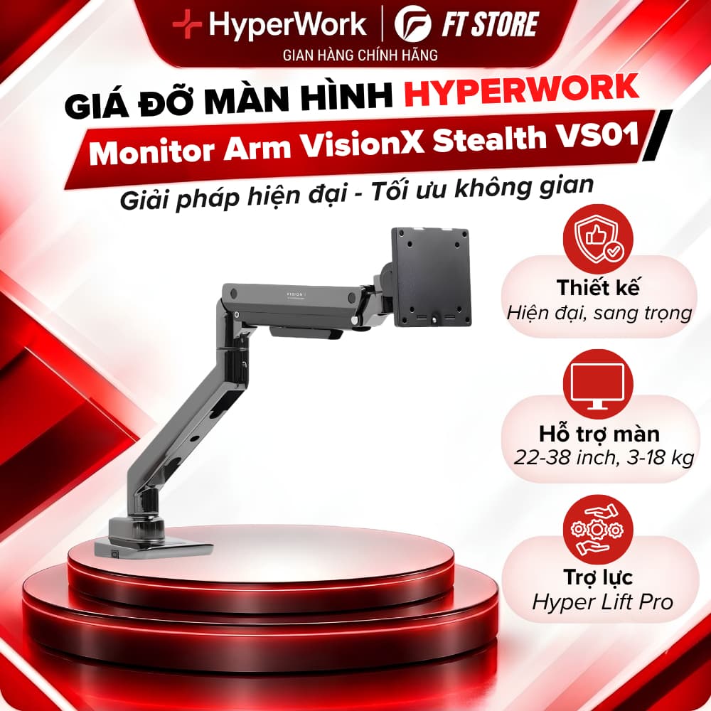 Giá Đỡ Màn Hình HyperWork VS01 VisionX Stealth - Hỗ 22 - 43 Inch, Mạ Chrome Đen Bóng, Tải Trọng Lên Tới 18-20kg