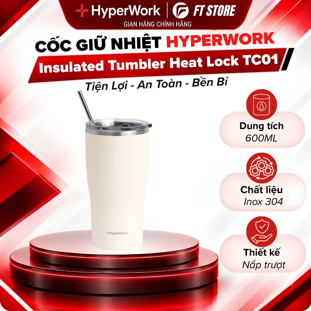 Cốc Giữ Nhiệt HyperWork Heat Lock TC01 Chính Hãng - Giữ Nóng Lạnh Hiệu Quả, Dung Tích Lớn 600ml