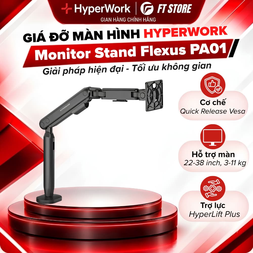 Giá Đỡ Màn Hình HyperWork PA01 Flexus - Tay Đòn Treo Màn Hình 22 - 38", Tải Trọng 3-11kg, Nâng Cao Linh Hoạt