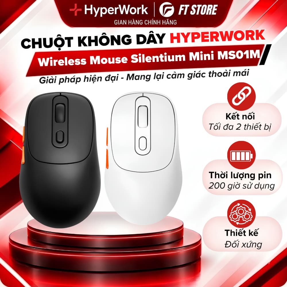 Chuột Không Dây Đa Thiết Bị HyperWork MS01M Silentium Mini - Bluetooth 5.1 & Wireless 2.4GHz, Chống Ồn, Pin 200 G