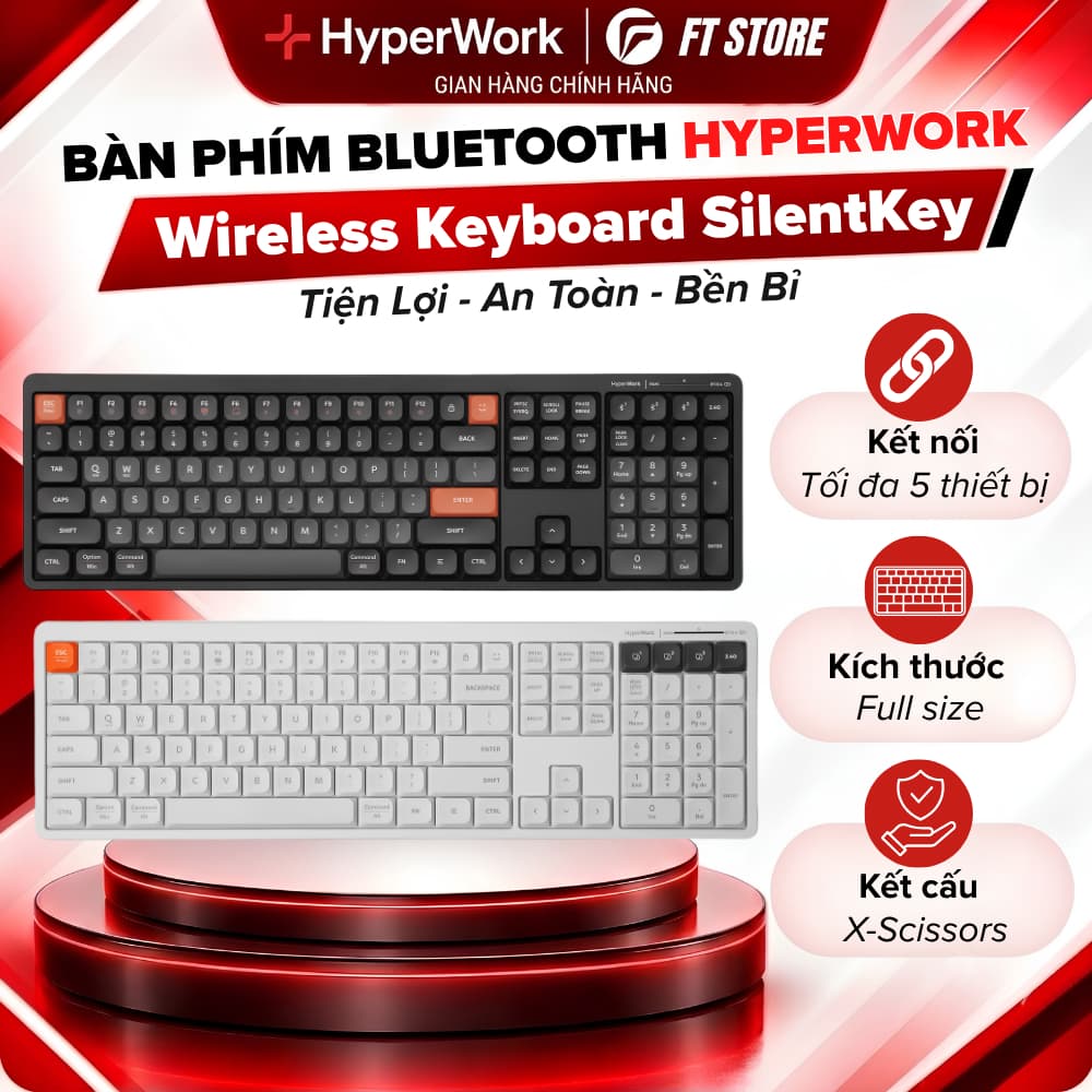 Bàn Phím Không Dây HyperWork SilentKey TS01 Chính Hãng - Fullsize, Chống Ồn X-Scissors, Đa Thiết Bị