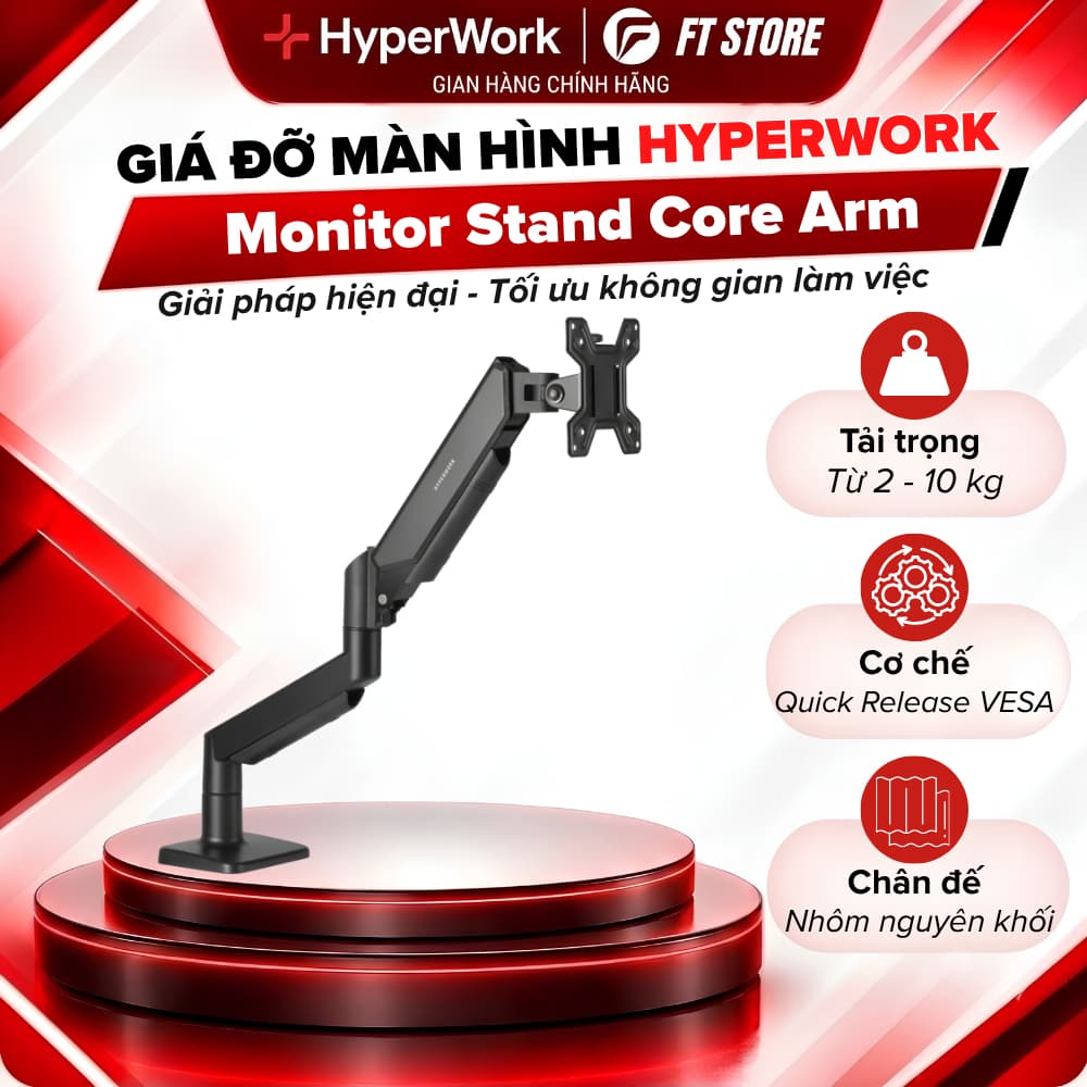 Gía Đỡ Màn Hình HyperWork Core Arm SA01 - Trợ Lực Piston, Tải Trọng 2-10kg, Màn Hình 22-32 Inch