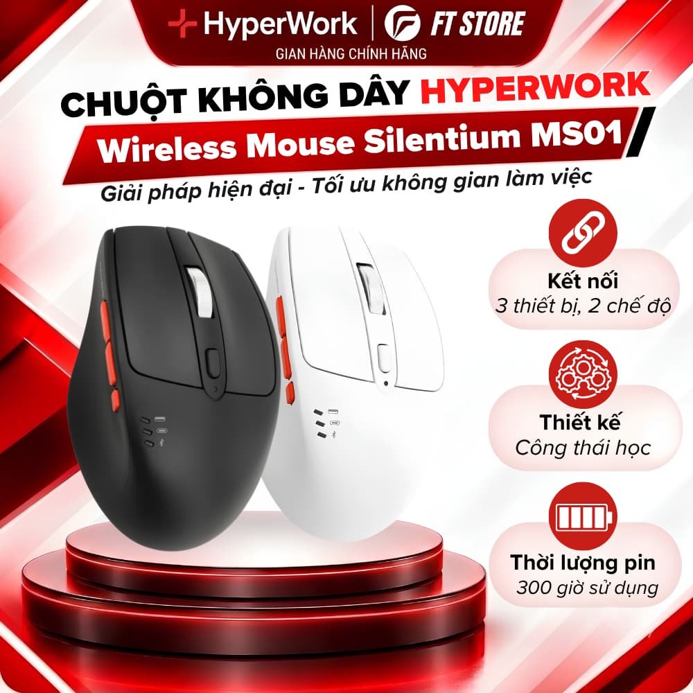 Chuột Không Dây Công Thái Học HyperWork Silentium MS01 - Bluetooth 5.1 & Wireless, Click Silent Đa Thiết Bị, Pin 300 Giờ
