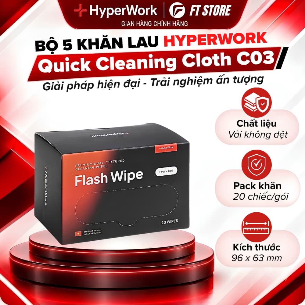 Khăn Làm Sạch Nhanh HyperWork Flash Wipe C03 (Pack 20 Miếc) - Khăn Giấy Ướt Đa Năng Vệ Sinh Đồ Dùng Văn Phòng, Nội Thất