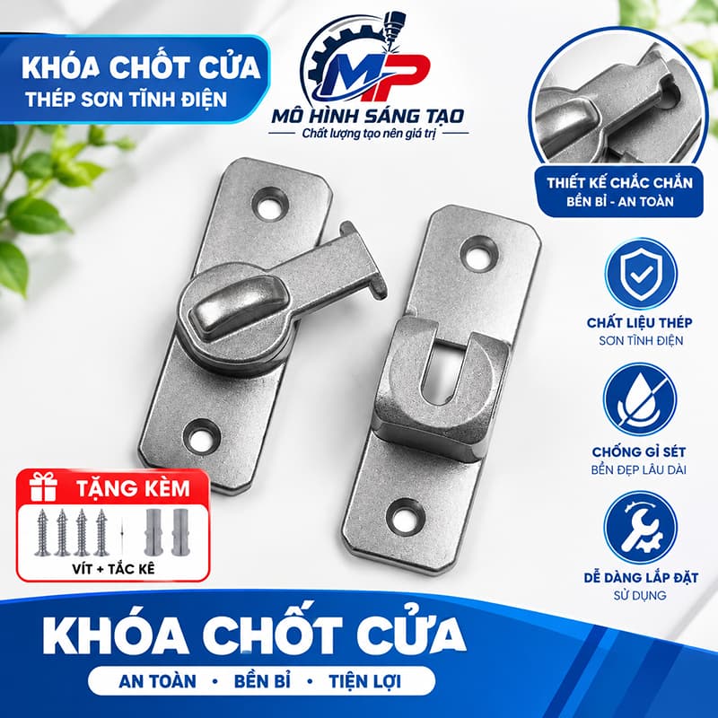 Chốt Khóa Cửa Hợp Kim Nhôm, Chốt Khóa Cửa Mở Góc 90 Độ-180 Độ Kèm Vít Tắc Kê, Lắp Đặt Dể Dàng, KHOA-19