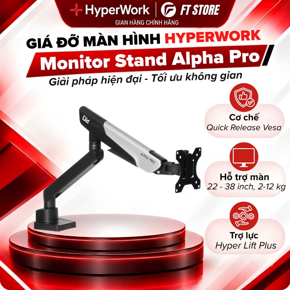 Giá Đỡ Màn Hình Máy Tính HyperWork Alpha Pro Tải Trọng 2-12kg, Hỗ Trợ Màn 22-38",  Hyper Lift Plus