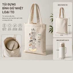 Túi đựng cốc giữ nhiệt, bình giữ nhiệt chất liệu Canvas mèo đáng yêu chống thấm nước tbinha1026 2