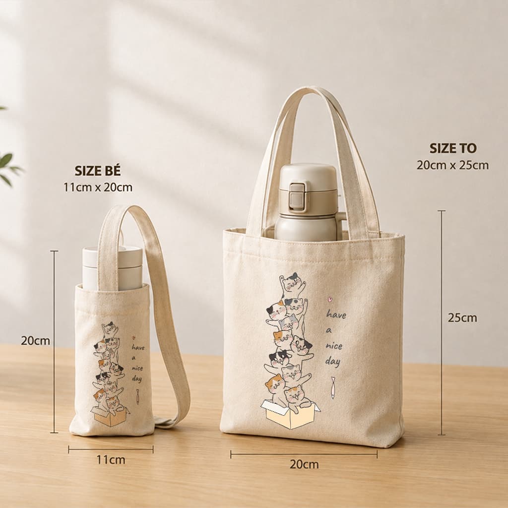 Túi đựng cốc giữ nhiệt, bình giữ nhiệt chất liệu Canvas mèo đáng yêu chống thấm nước tbinha1026