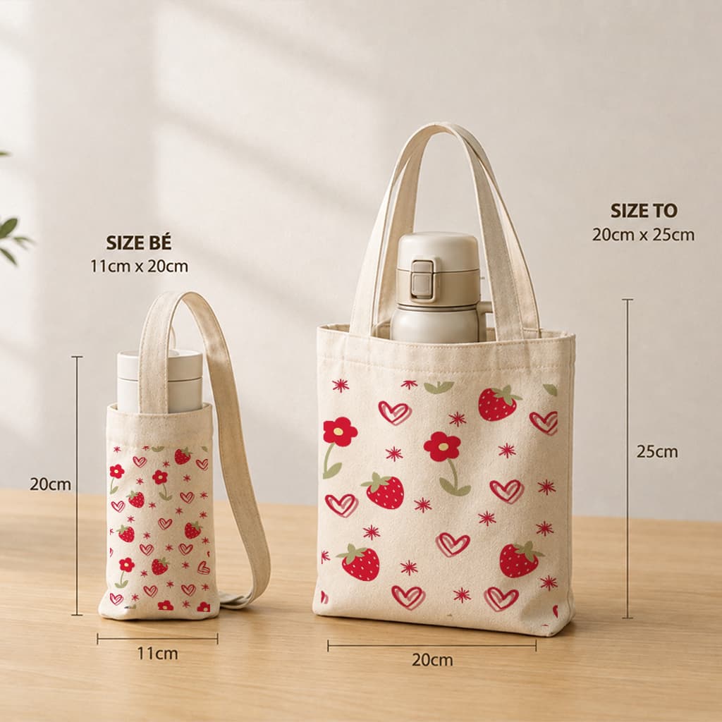 Túi đựng cốc giữ nhiệt, bình giữ nhiệt chất liệu Canvas dâu tây chống thấm nước tbinha1028