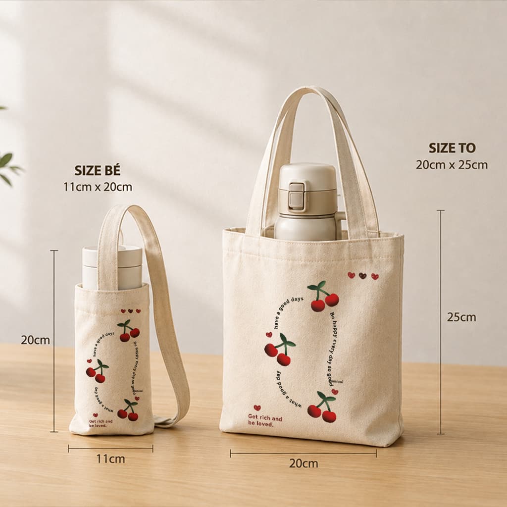 Túi đựng cốc giữ nhiệt, bình giữ nhiệt chất liệu Canvas Cherry đỏ chống thấm nước tbinha1028