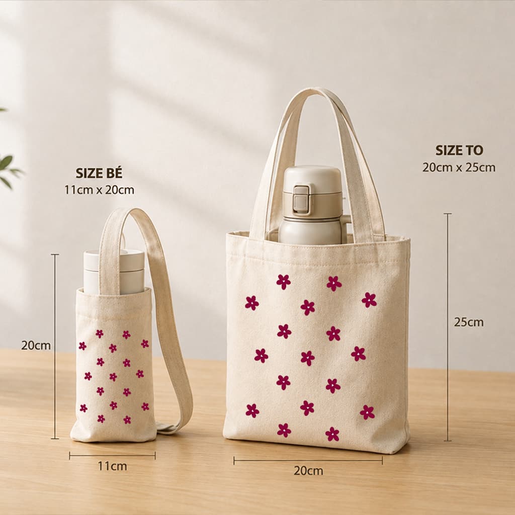 Túi đựng cốc giữ nhiệt, bình giữ nhiệt chất liệu Canvas hoa nhí chống thấm nước tbinha1029