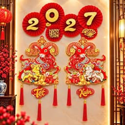 rọn Bộ Quạt Giấy 2027 Kèm Cặp Liễn 3D Dán Tường Trang Trí Tết Siêu Hoành Tráng TT32 7