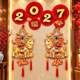 rọn Bộ Quạt Giấy 2027 Kèm Cặp Liễn 3D Dán Tường Trang Trí Tết Siêu Hoành Tráng TT32 3