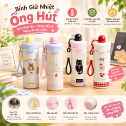 Bình Giữ Nhiệt 600ml Inox Có Ống Hút, Dây Đeo, Nắp Kín, Bình Nước Hoạt Hình Dễ Thương 1