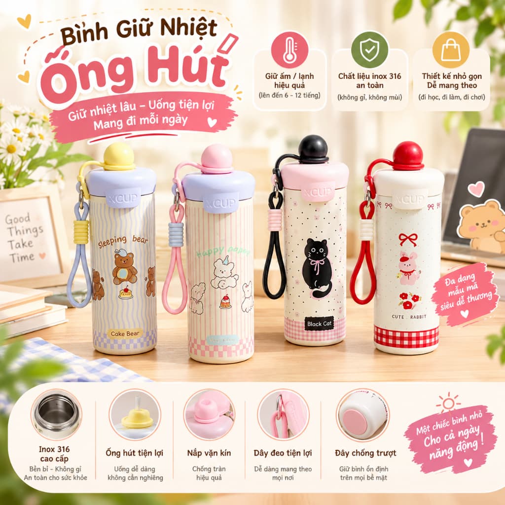 Bình Giữ Nhiệt 600ml Inox Có Ống Hút, Dây Đeo, Nắp Kín, Bình Nước Hoạt Hình Dễ Thương