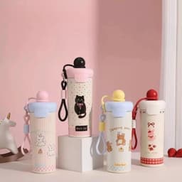 Bình Giữ Nhiệt 600ml Inox Có Ống Hút, Dây Đeo, Nắp Kín, Bình Nước Hoạt Hình Dễ Thương 2