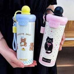 Bình Giữ Nhiệt 600ml Inox Có Ống Hút, Dây Đeo, Nắp Kín, Bình Nước Hoạt Hình Dễ Thương 4