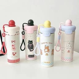Bình Giữ Nhiệt 600ml Inox Có Ống Hút, Dây Đeo, Nắp Kín, Bình Nước Hoạt Hình Dễ Thương 6