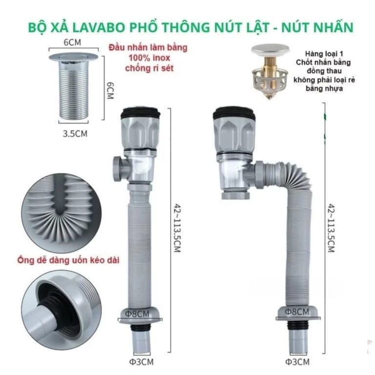 Bộ ống xả nút ruột gà bồn rửa chén, lavabo dài 113cm