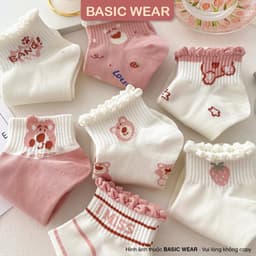 Set 5 Đôi Tất Vớ Nữ Họa Tiết Gấu Hồng Cổ Bèo Dễ Thương Phong Cách Hàn tt23 6