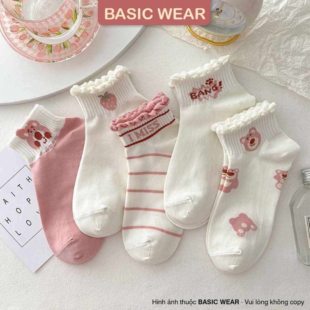 Set 5 Đôi Tất Vớ Nữ Họa Tiết Gấu Hồng Cổ Bèo Dễ Thương Phong Cách Hàn tt23