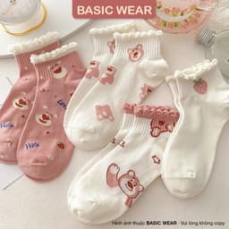 Set 5 Đôi Tất Vớ Nữ Họa Tiết Gấu Hồng Cổ Bèo Dễ Thương Phong Cách Hàn tt23 5