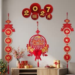 (tặng kèm móc) Combo trang trí Tết 2027 - bao gồm 2 dải treo tròn câu đối, set 6 quạt 2027, khánh tròn chữ Thư pháp T575 7