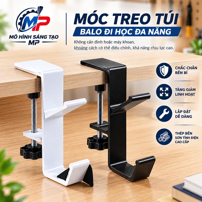 Móc Treo Đồ Kẹp Bàn Không Cần Khoan, Móc Treo Balo Túi Xách Cạnh Bàn Học Bàn Làm Việc, Màu Đen Trắng