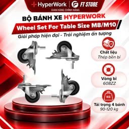 Bộ Bánh Xe Cho Bàn Nâng Hạ HyperWork Size M8/M10 (Tải Trọng 120kg) - Khóa Bánh Chống Xước Sàn 1