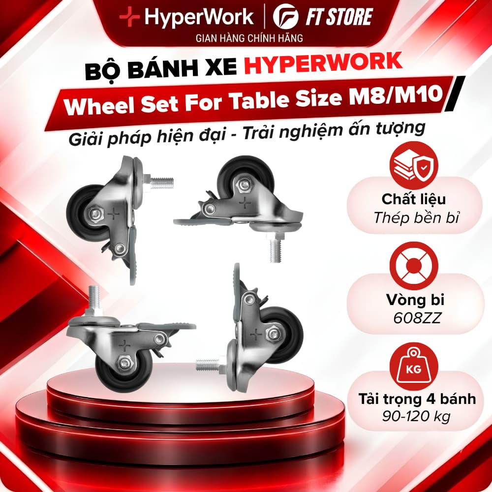 Bộ Bánh Xe Cho Bàn Nâng Hạ HyperWork Size M8/M10 (Tải Trọng 120kg) - Khóa Bánh Chống Xước Sàn