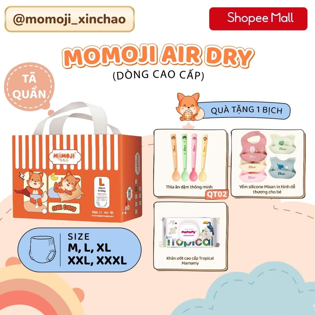Bỉm Quần Momoji Air Dry+ NB/S/M/L/XL/XXL/XXXL Êm Mềm Mịn, Siêu Mỏng, Siêu Khô Thoáng, An Toàn Cho Bé
