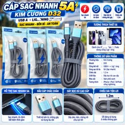 Cáp sạc nhanh 5A Kim Cương D32 A-L USB ra Lightning/ A-C Type-c. NL 5