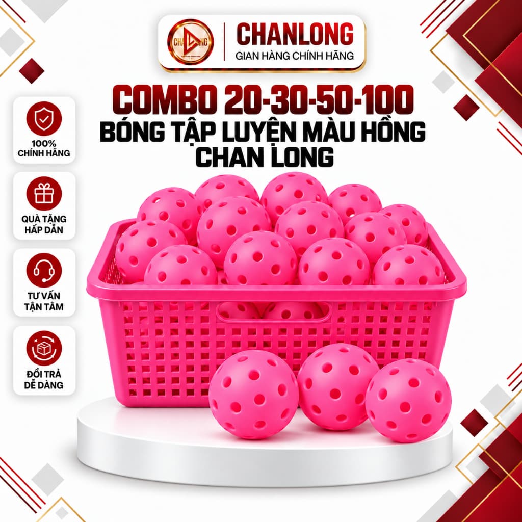Bóng Tập Pickleball Màu Hồng CHANLONG - Combo 20,30,50,100 Quả - Bóng Sân Ngoài, Độ Nảy Tốt, Đàn Hồi Cao