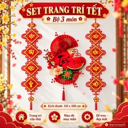 Decor Tết 2027 Set 3 Món Trang Trí Nhà Ở, Nhà Hàng, Cửa Hàng, Dây Treo Câu Đối, Mành Chữ Tết + TẶNG MÓC TREO 3