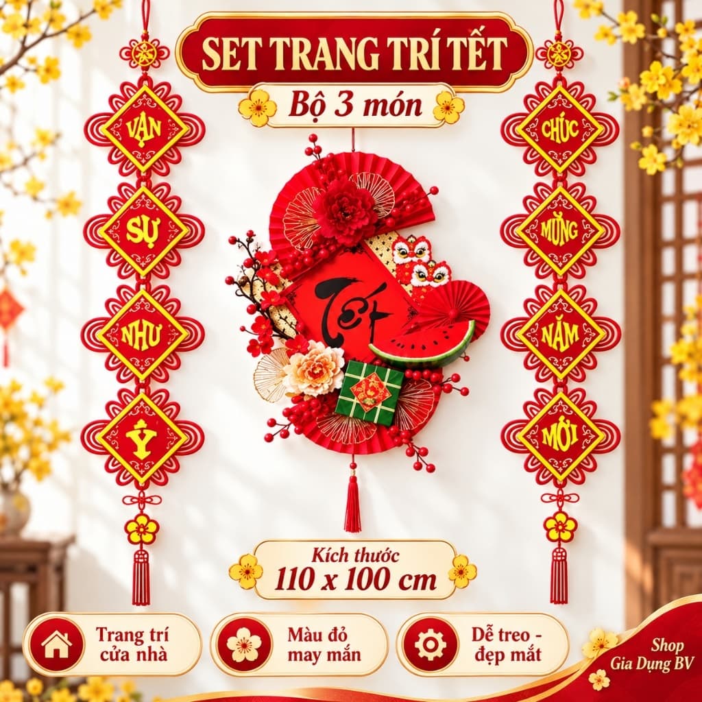 Decor Tết 2027 Set 3 Món Trang Trí Nhà Ở, Nhà Hàng, Cửa Hàng, Dây Treo Câu Đối, Mành Chữ Tết + TẶNG MÓC TREO
