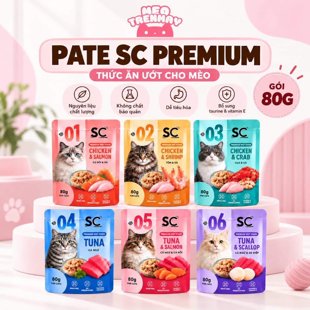 [Combo 24/48 Gói] Pate SC Premium 80g Cho Mèo 6 Vị Gà, Cá Ngừ, Hải Sản – Thức Ăn Ướt Bổ Sung Dinh Dưỡng | Mèo Trên Mây