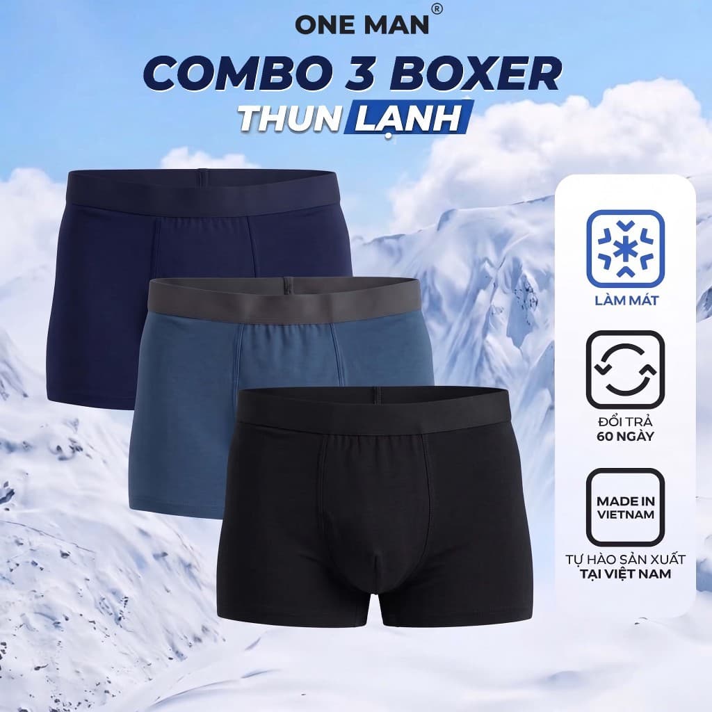 Combo 3 Quần Lót Nam ONE MAN Quần Boxer Chất Thun Lạnh Kháng Khuẩn Co Giãn 4 Chiều Thoải Mái Thấm Hút Mồ Hôi 3Q000A
