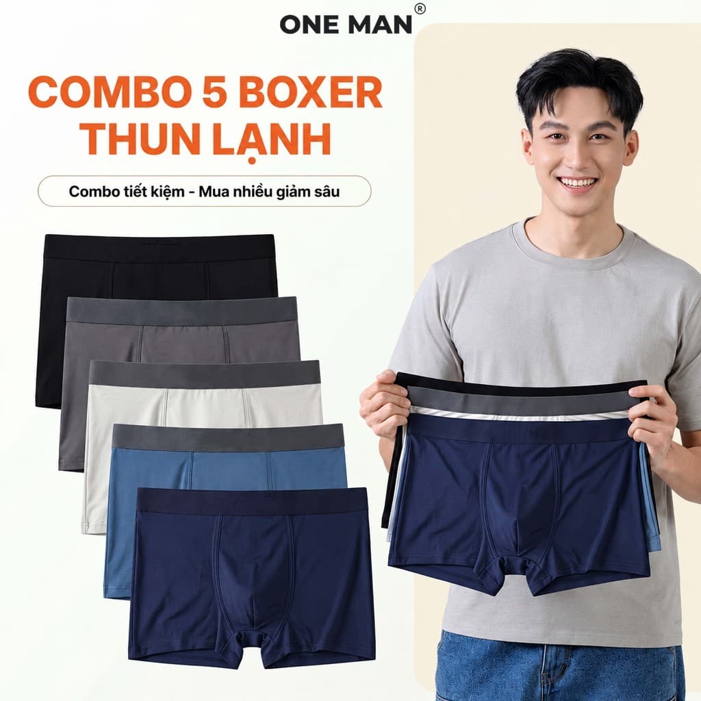 Combo 5 Quần Lót Nam ONE MAN Chất Thun Lạnh Co Giãn 4 Chiều Quần Boxer Cao Cấp Mềm Mại Thoáng Mát 5Q000A