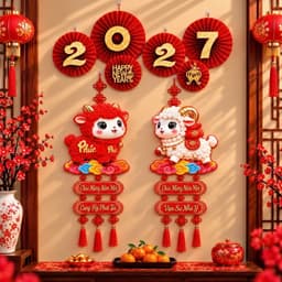 rọn Bộ Quạt Giấy 2027 Kèm Cặp Liễn 3D Dán Tường Trang Trí Tết Siêu Hoành Tráng TT32 2
