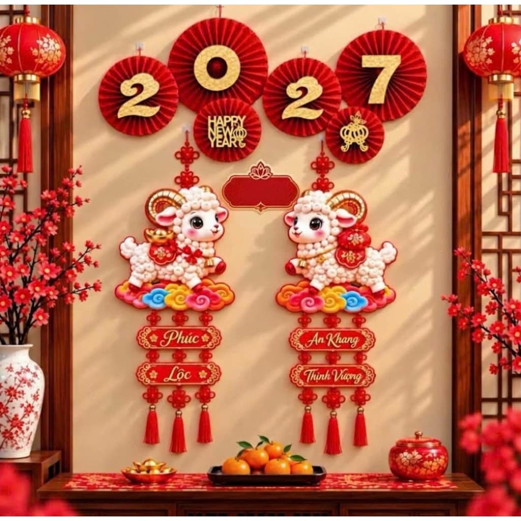 rọn Bộ Quạt Giấy 2027 Kèm Cặp Liễn 3D Dán Tường Trang Trí Tết Siêu Hoành Tráng TT32